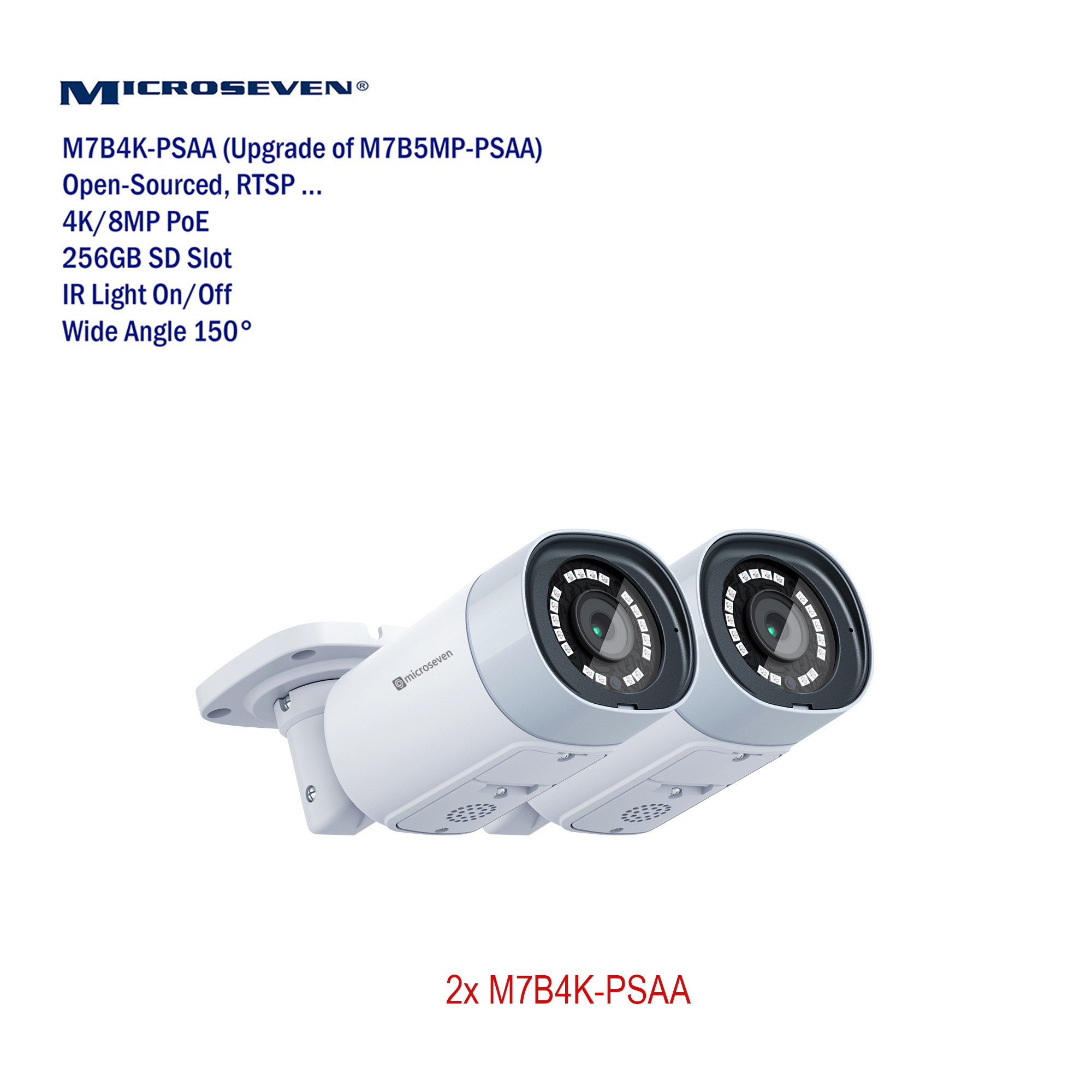 (2 Pack) Microseven M7B4K-PSAA 4K (8MP) IP POE Professional Open Source Security Camera