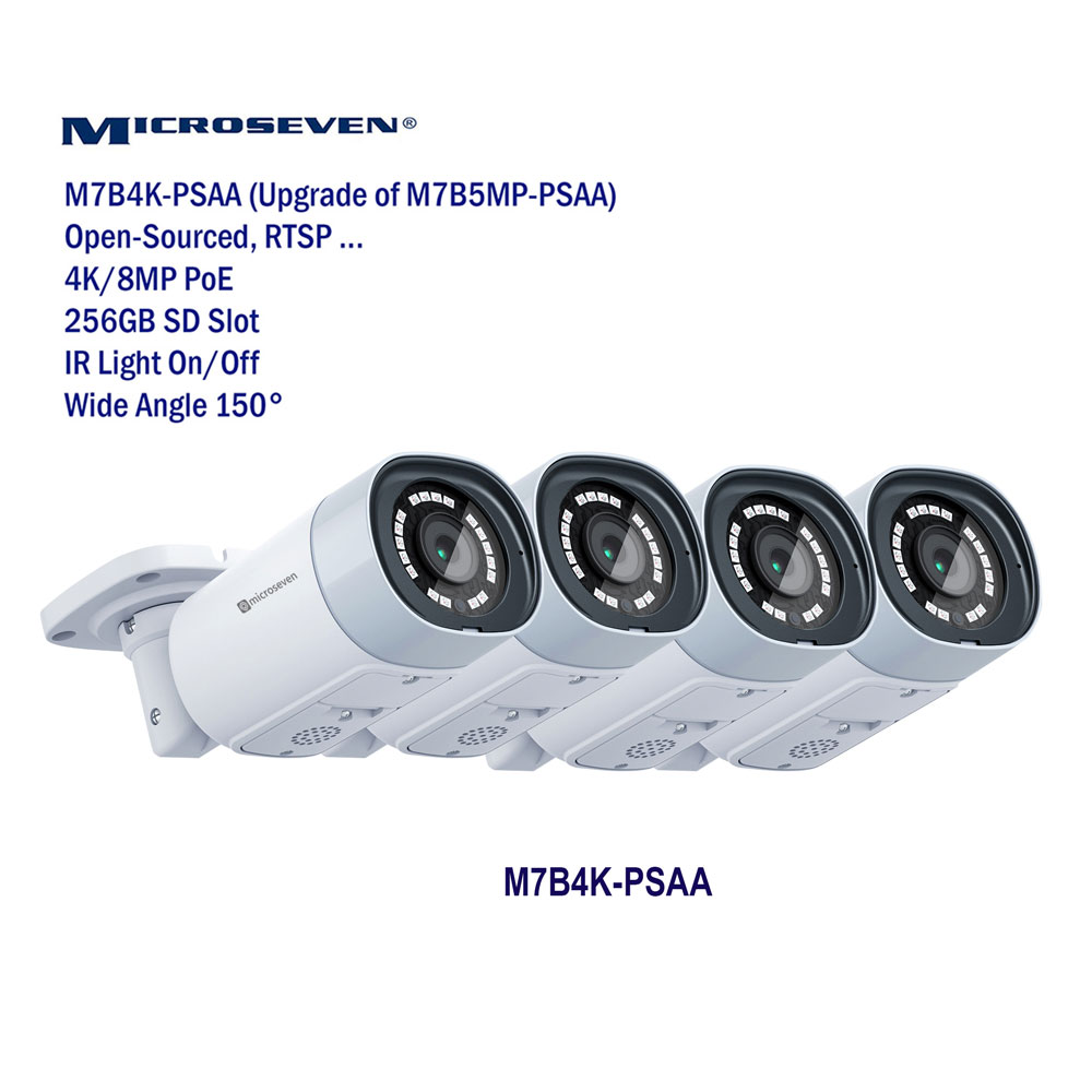 (4 Pack) Microseven M7B4K-PSAA 4K (8MP) IP POE Professional Open Source Security Camera