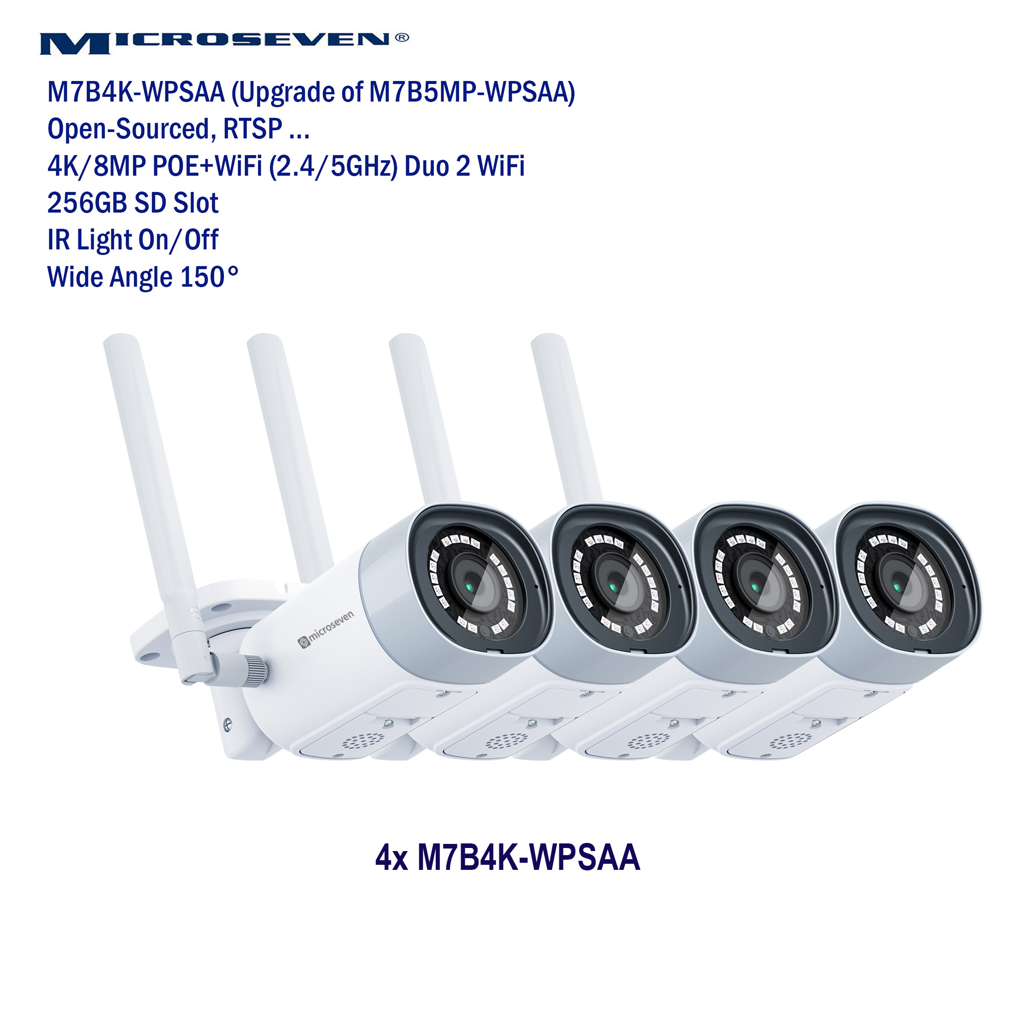 (4 Pack) Microseven M7B4K-WPSAA 4K (8MP) IP WiFi (2.4/5GHz) POE Professional Open Source Security Camera