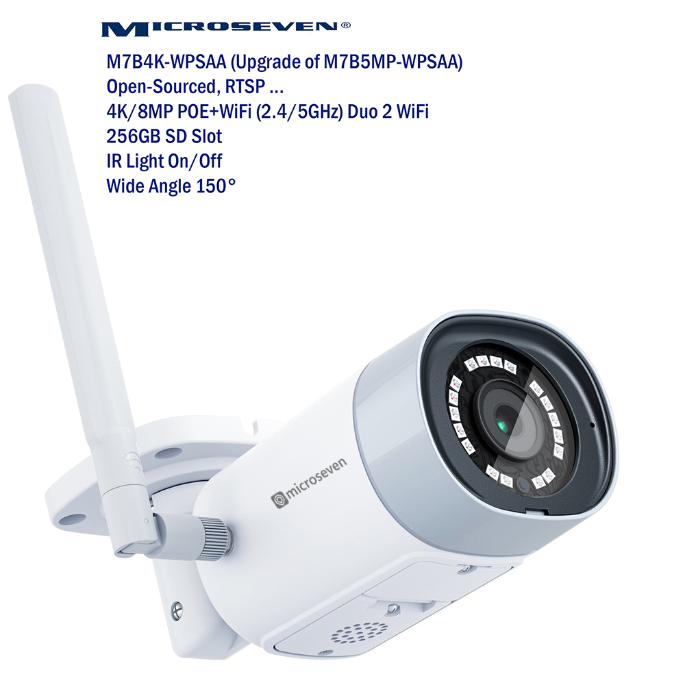 (4 Pack) Microseven M7B4K-WPSAA 4K (8MP) IP WiFi (2.4/5GHz) POE Professional Open Source Security Camera