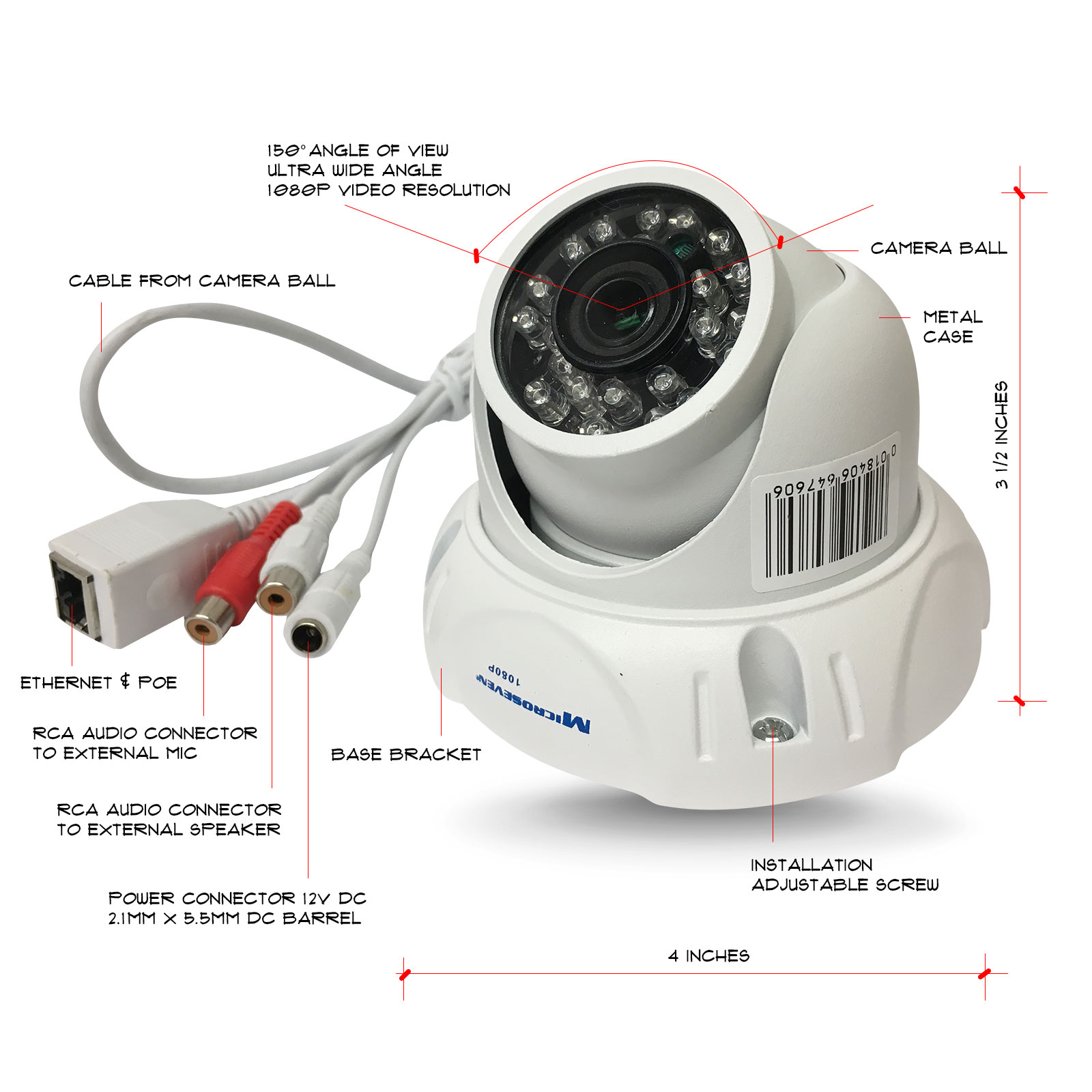 Microseven M7D77-POE 1080P IP POE Wide View Angle (150°) Professional Open Source Security Camera with 4K Lens